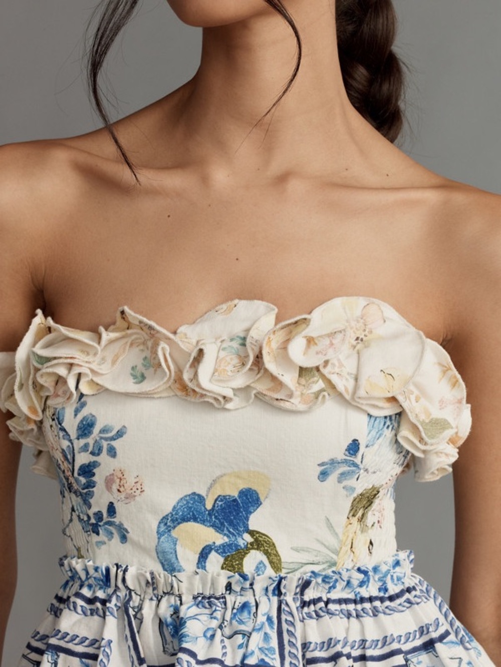 Maeve Anthropologie Linen Strapless Ruffle Tiered Floral Dress L - Picture 6 of 12